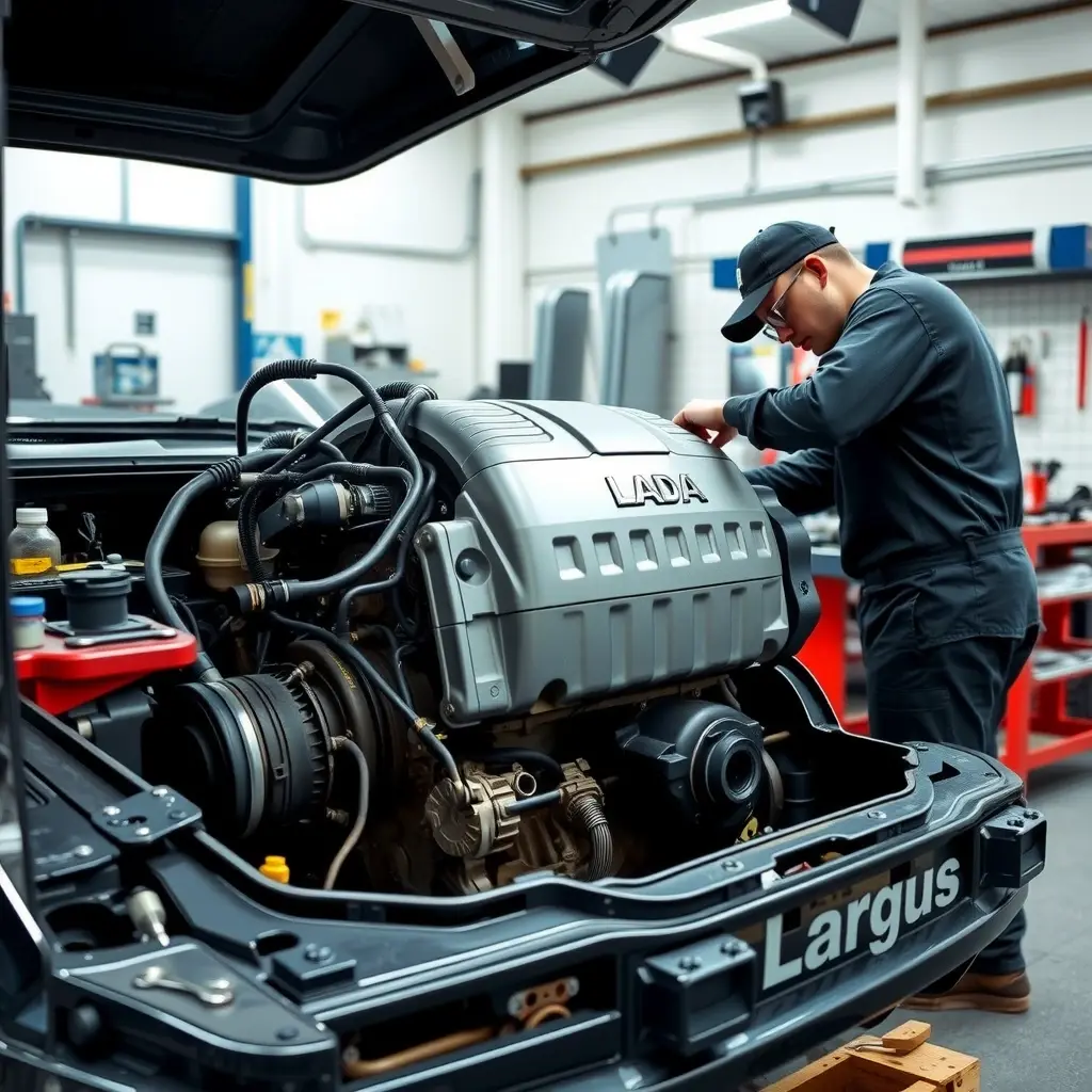 A detailed high-resolution scene of a mechanic repairing the 1.6 L engine of a LADA Largus (2012‑present) in a clean workshop, showing the open engine bay, tools, and engine components with realistic lighting and focus on mechanical details