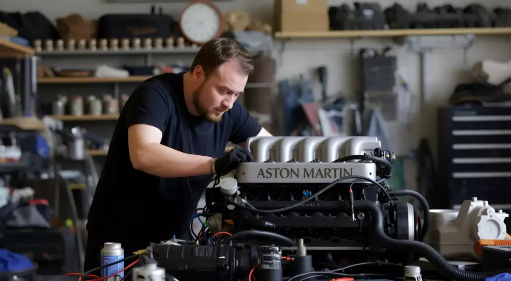 A high‑resolution horizontal photo of a professional automotive repair workshop. In the foreground, a polished metal workbench with a partially disassembled Aston Martin engine, showing detailed pistons, crankshaft, and timing belt. The engine is illuminated by focused overhead lights, casting subtle shadows to emphasize its complexity. In the background, a clean, organized garage with a workbench, a set of precision tools, a safety helmet, and a subtle hint of a classic Aston Martin car silhouette in a corner. The overall composition conveys expertise, precision, and luxury automotive service.