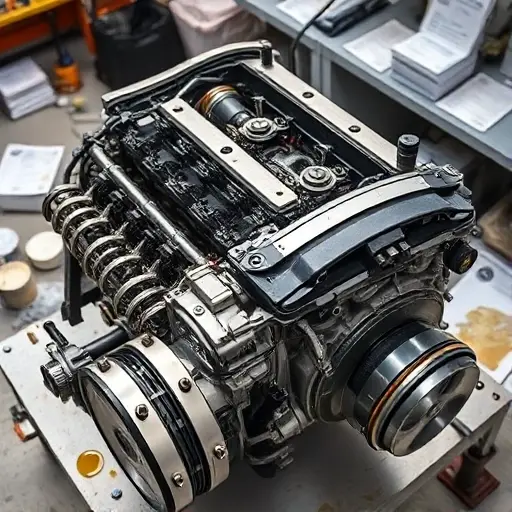 A detailed close-up of a BMW X5 3.0d engine (2006–2013) undergoing major repair: disassembled components like pistons, crankshaft, cylinder head, and turbocharger laid out on a clean workbench with tools, oil stains, and technical manuals nearby; soft workshop lighting, realistic textures, high detail, no text or labels