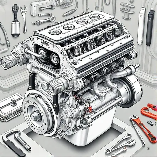 A detailed illustration of an Aaglander Victoria 2.5 gasoline engine undergoing repair. Focus on the engine block, visible components like the cylinder head, intake manifold, and exhaust system. Show tools and parts commonly used in engine repair, such as wrenches, screwdrivers, and gaskets. The engine should be partially disassembled, revealing internal parts.