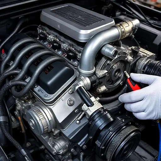 A close-up of a Dodge Charger Hellcat V8 supercharged engine being repaired, showing the engine block, pistons, supercharger, and a mechanic's hands with tools, all in a workshop setting with proper lighting.