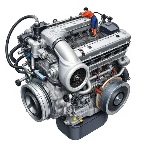 A detailed illustration of a Chery Arrizo 8 2.0 Turbo engine undergoing a major repair. Focus on the engine block, turbocharger, and associated components. Show tools and technicians working on the engine.