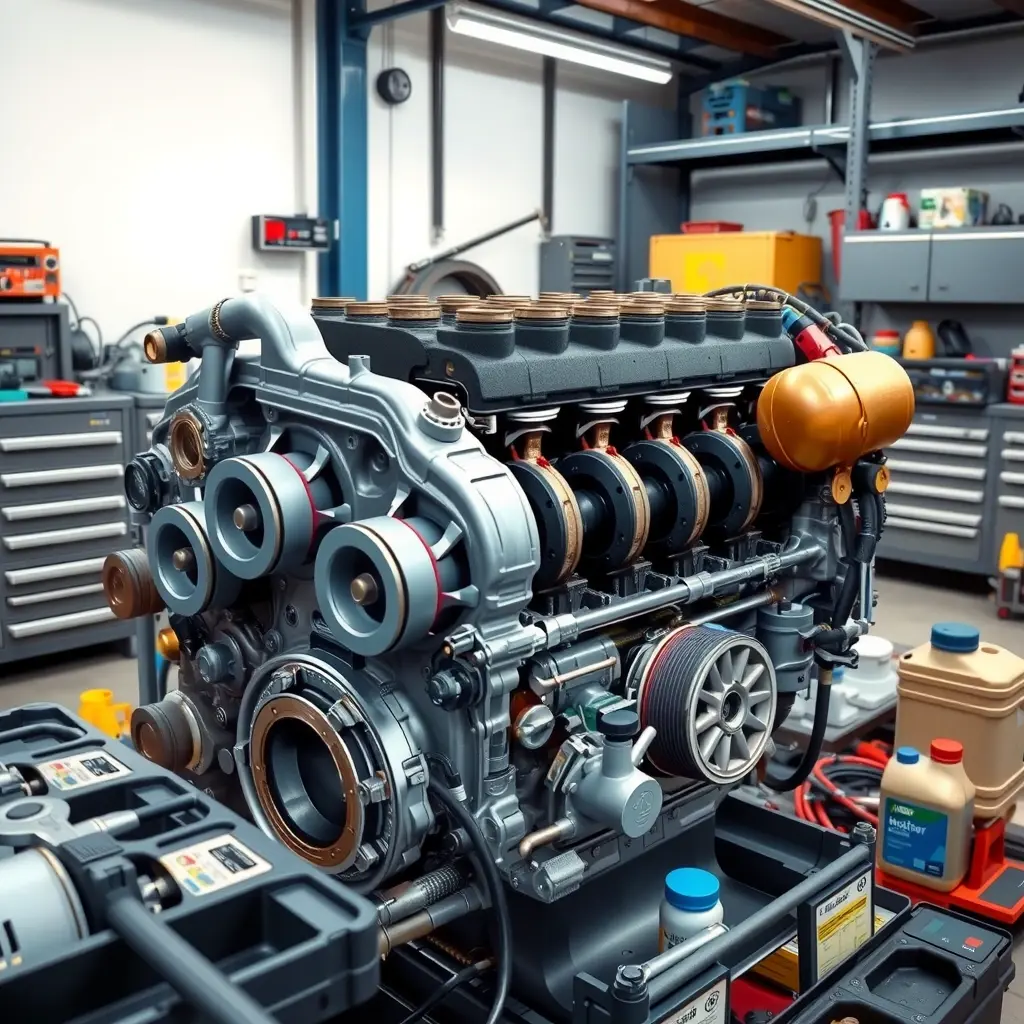 A detailed, high-resolution illustration of a Land Rover Discovery 2.5 TDI engine from 1998 undergoing a complete overhaul in a professional workshop. The engine block is open, showing pistons, crankshaft, and cylinder head with visible wear and cleaning. Surrounding the engine are mechanic tools such as wrenches, torque wrenches, diagnostic equipment, and oil containers. The background features a clean, well-lit garage with metal workbenches and tool cabinets, emphasizing a focused, technical atmosphere.