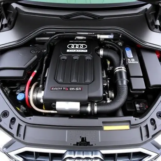 A detailed, high-quality image of the engine bay of a 2017 Audi SQ5 with a 3.0 V6 TFSI engine. Focus on the engine components, showcasing the engine block, turbocharger, exhaust manifold, and other relevant parts. The engine should be clean and well-maintained.