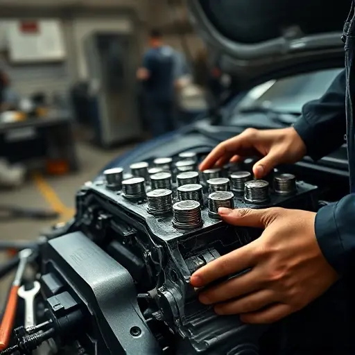 A close-up of a mechanic's hands in a garage, working on the engine of a Cupra Formentor 2.0 TSI 190 hp. The engine block is partially exposed, with visible pistons and a valve cover. Tools such as a wrench and a screwdriver are placed nearby. The background is a dimly lit workshop with a workbench and a car hood open, showing the engine bay. The scene emphasizes the mechanical details and the process of engine repair.