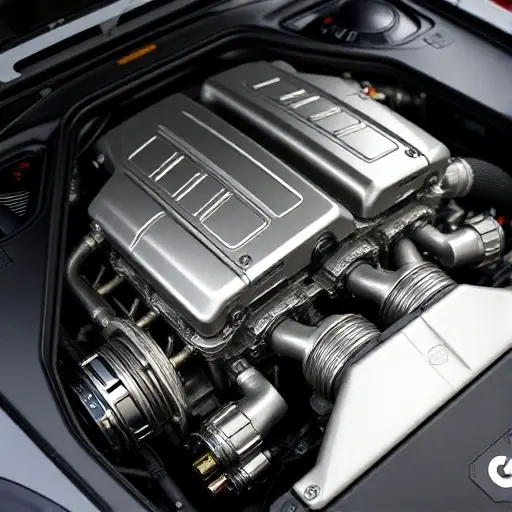 A detailed, high-quality image of the engine bay of a Aston Martin Vanquish 5.9L V12. Focus on the engine itself, showcasing the intricate details of the V12 engine, including the cylinders, exhaust manifolds, and other components. The engine should be well-lit, highlighting its metallic surfaces and craftsmanship. The background should be blurred, drawing attention to the engine.
