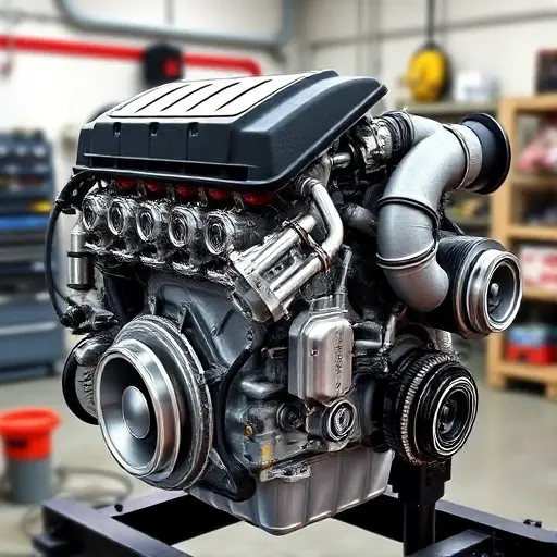 A detailed illustration of a 2002-2006 Acura RSX engine with 2.0L i-VTEC 200 horsepower, showing the engine block, pistons, camshaft, and turbocharger, with realistic textures and lighting, in a clean workshop setting