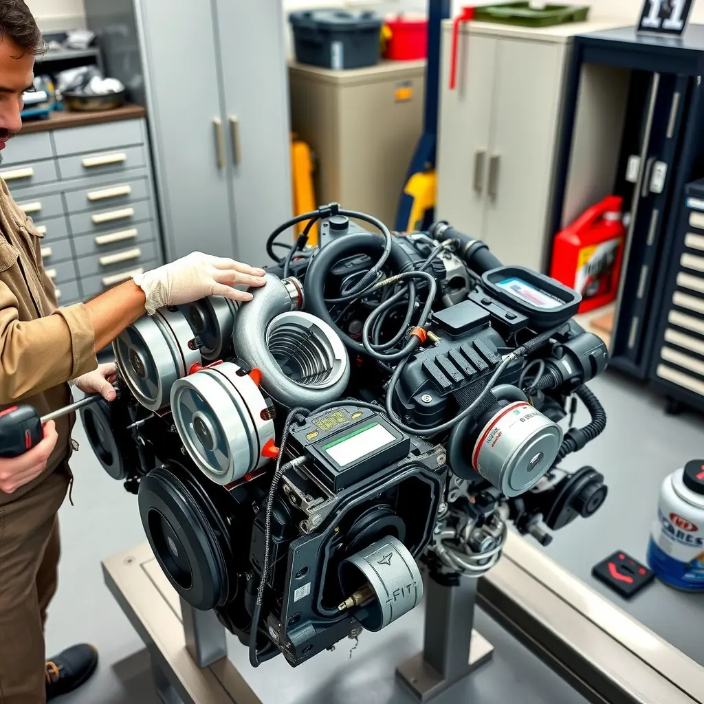 A detailed, realistic scene of a mechanic repairing a Ford Focus ST 2.3 EcoBoost engine (2019 model) in a well-equipped garage. The engine is partially disassembled, showing pistons, turbocharger, and wiring harnesses. The mechanic, wearing a neutral work uniform and gloves, is using professional tools such as a torque wrench and diagnostic scanner. The background includes tool cabinets, oil cans, and a clean workbench, with soft lighting highlighting the engine components.