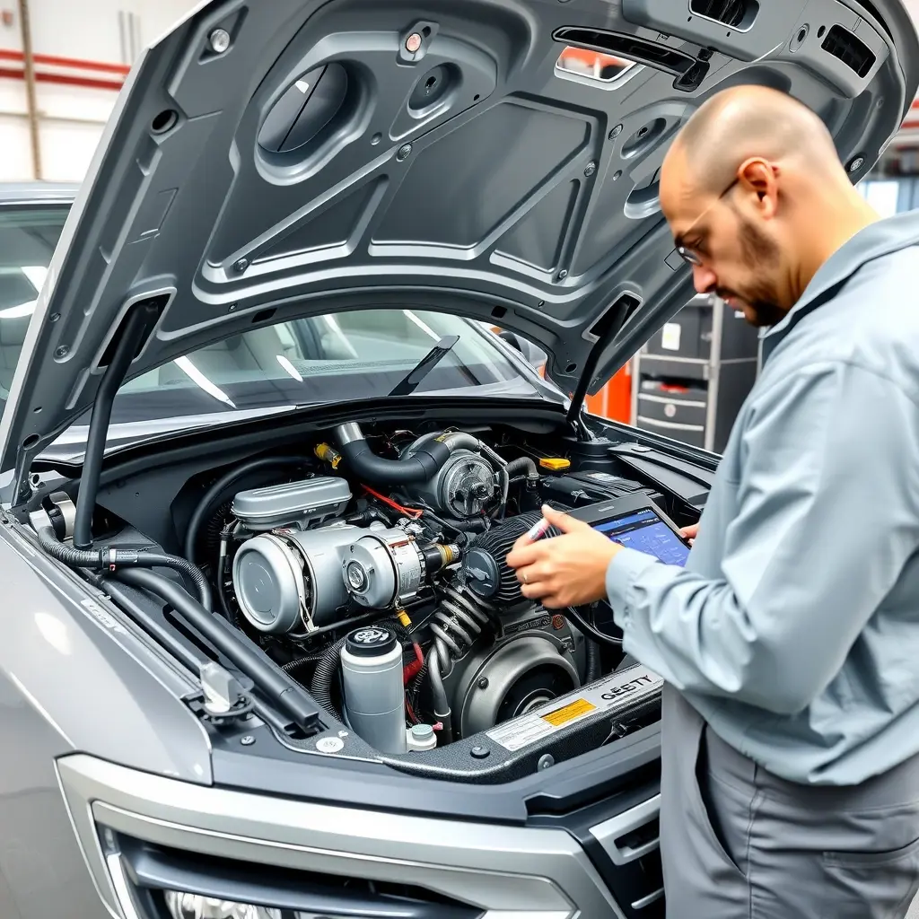 A high-detail, realistic scene of a professional mechanic in a clean workshop, focusing on the open engine bay of a Geely Monjaro PHEV 1.5T. The engine components are exposed, showing pistons, turbocharger, and wiring, alongside visible electric motor units and power electronics that together produce 317 hp. The mechanic is using specialized tools to inspect and repair the engine, with a diagnostic tablet nearby displaying generic data (no visible text). The lighting is bright and even, highlighting metallic surfaces, hoses, and connectors, while the background shows organized tool racks and a service lift, all rendered in HD-HQ quality.