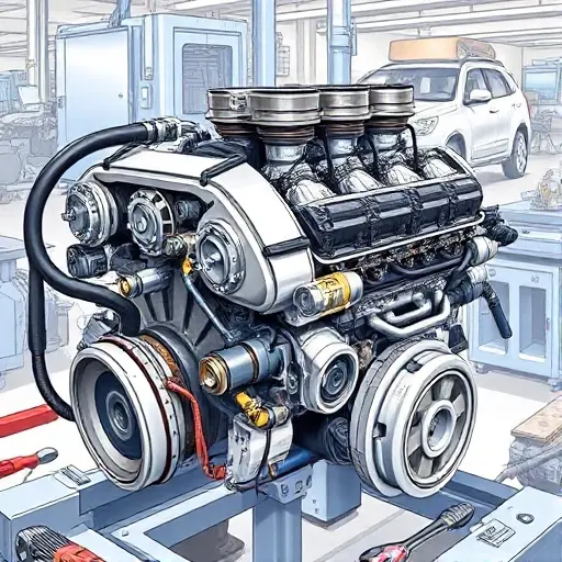 A detailed illustration of a Baojun 730 1.8L engine undergoing a major overhaul. Focus on the engine block, cylinder head, and various components being inspected and repaired. Include tools like wrenches, screwdrivers, and diagnostic equipment. The scene should be in a well-lit workshop environment with visible parts and machinery.