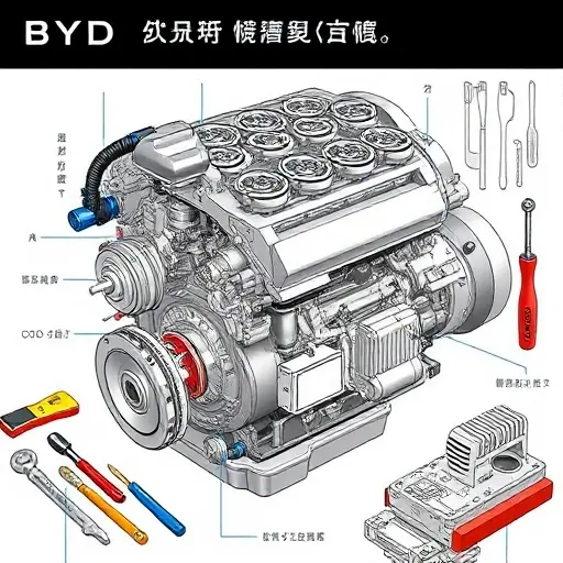 A detailed illustration of a BYD Song DM 1.5T engine undergoing a major overhaul. The image should showcase the engine components, including the internal parts, the electric motors, and the repair tools. Focus on precision and technical accuracy.