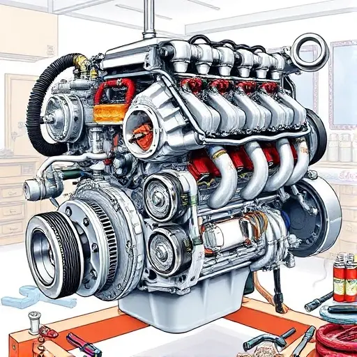 A detailed illustration of a Dodge Ram 1500 5.7 V8 HEMI engine undergoing a major repair. The engine should be partially disassembled, revealing internal components. Focus on the engine block, cylinder head, and visible repair work. Include tools and equipment commonly used in engine repair, such as wrenches, sockets, and diagnostic tools. The background should be a clean, well-lit workshop environment.