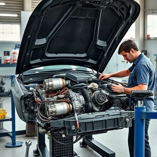 A skilled mechanic in a clean workshop is carefully disassembling and repairing the 1.6 turbo engine of a modern Exeed LX sedan. The open hood reveals detailed engine components such as the turbocharger, pistons, and wiring harnesses. The scene includes professional tools like wrenches, diagnostic equipment, and a service stand, all rendered with realistic lighting and a focus on the mechanical details, without any text, logos, or brand markings.