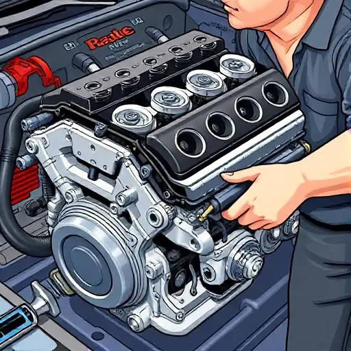 A realistic illustration of a mechanic repairing a Dodge Ram 1500 3.6 V6 eTorque engine, showing the engine block, cylinder heads, and various tools such as wrenches and torque wrenches, with a focus on the engine internals and the repair process