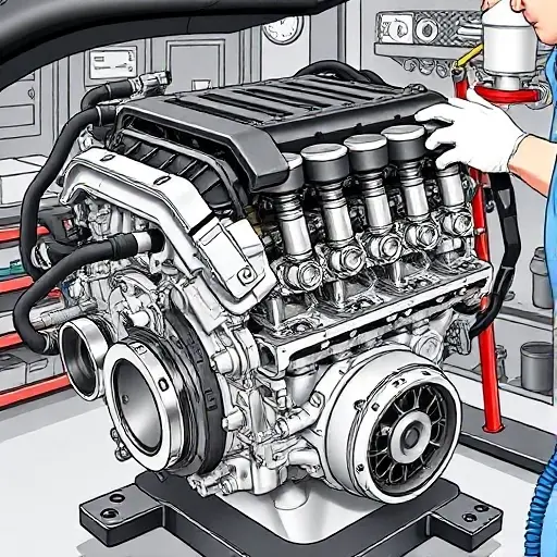 A detailed illustration of a mechanic repairing a Chevrolet Colorado 3.6 V6 engine, showing the engine block, pistons, crankshaft, and tools such as wrenches and a torque wrench, set in a garage environment, with no text or labels in the image