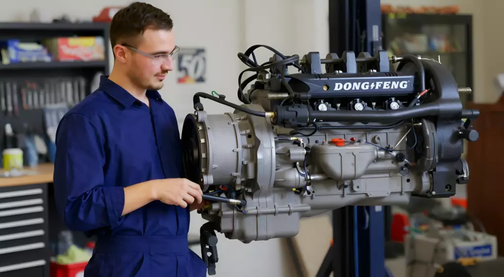 A realistic photo of a mechanic in a workshop, repairing a Dongfeng engine. The image shows the mechanic's hands, engine parts, tools, and a partially disassembled engine block. The setting is a clean, well-lit garage with a workbench, a car hood open, and a Dongfeng engine visible. The focus is on the engine repair process, with emphasis on mechanical detail and realism.