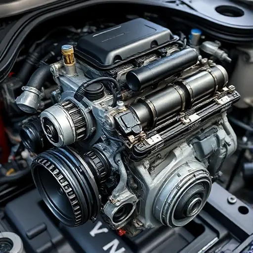 A detailed, high-quality image of a Cupra Leon 2.0 TSI 300 hp engine undergoing a major repair. The engine should be shown partially disassembled, revealing intricate components. Focus on the mechanics and the repair process.