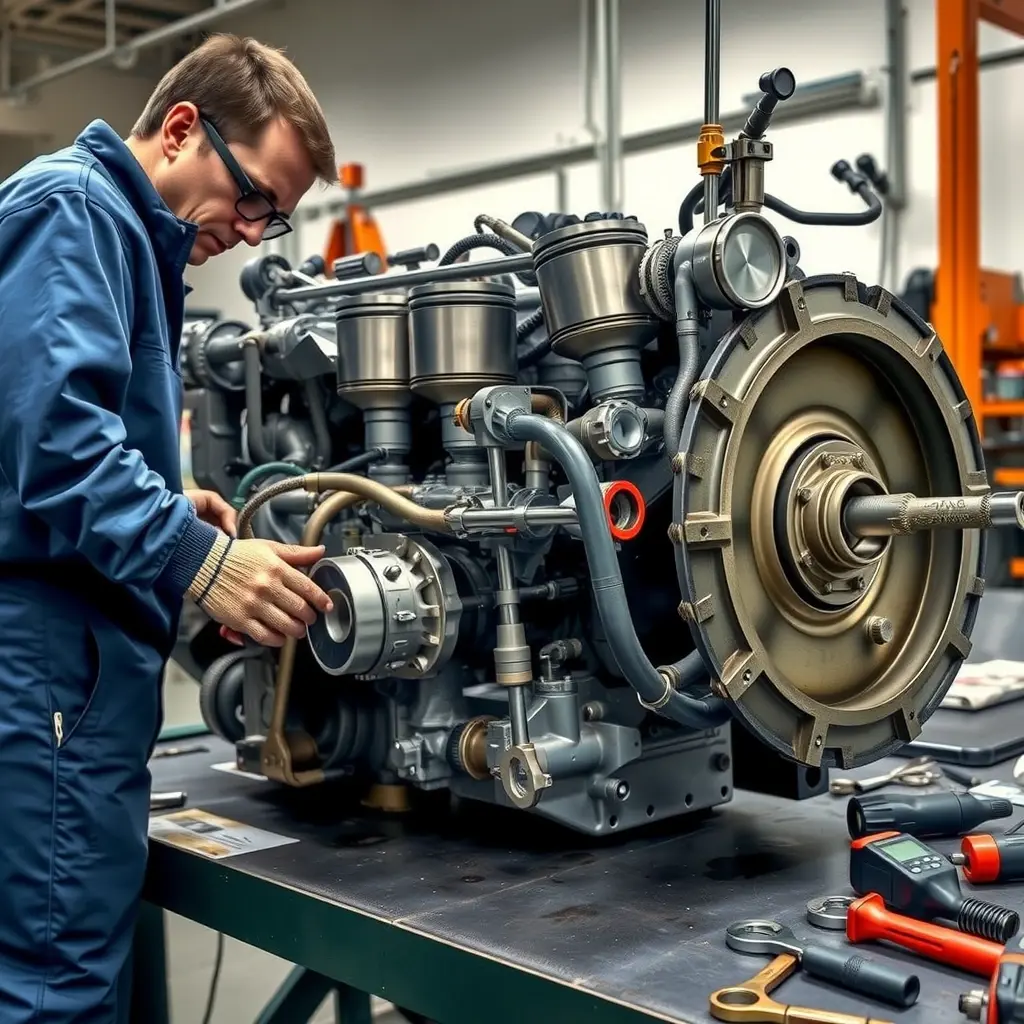 A detailed, high-resolution scene of a professional mechanic performing a major overhaul on a large Kamaz 65115 diesel engine (260 hp, model year 2000) in a well-equipped workshop. The engine is partially disassembled, showing the block, pistons, crankshaft, and fuel injection system. Tools such as wrenches, torque wrenches, and diagnostic equipment are visible on a clean workbench. The mechanic wears a blue coverall, safety gloves, and goggles, focusing on the engine components. The lighting is bright and realistic, emphasizing the metallic textures and oil stains typical of an engine repair environment.