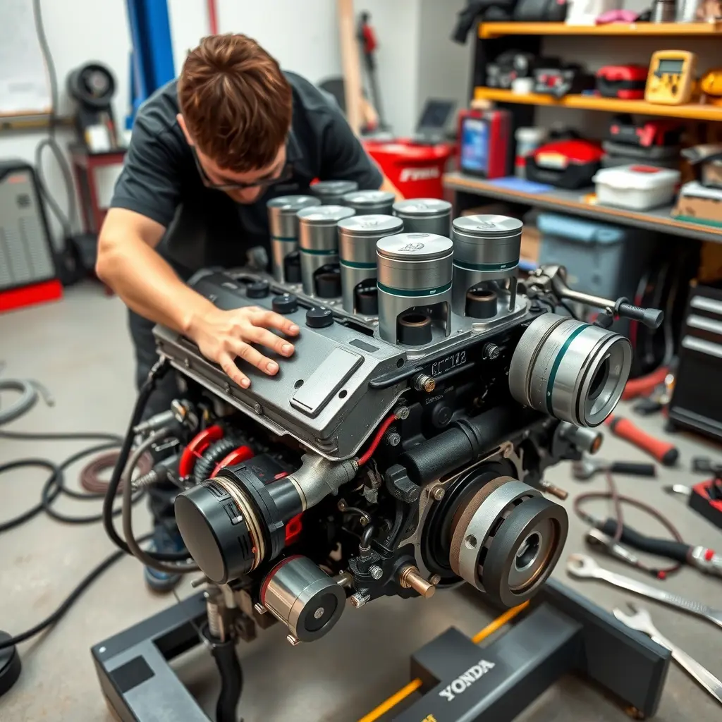 A detailed, realistic scene of a mechanic working on a Honda S2000 2.0L VTEC engine in a workshop, showing the engine block, pistons, camshafts, and tools such as wrenches and diagnostic equipment, with a clean, well-lit environment and focus on mechanical components