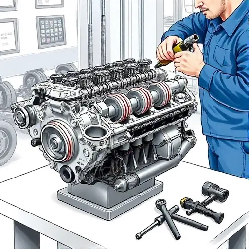 A detailed, realistic illustration of a mechanic repairing the 1.5 BlueHDi engine of a 2018 Citroën C3. The scene shows the engine block exposed, with visible pistons, crankshaft, and cylinder heads. The mechanic, wearing a blue coverall, is using a torque wrench and a set of tools on a clean workbench. The background is a workshop with a subtle hint of a Citroën C3 car chassis. The focus is on the mechanical details and the repair process, with no text or brand logos.