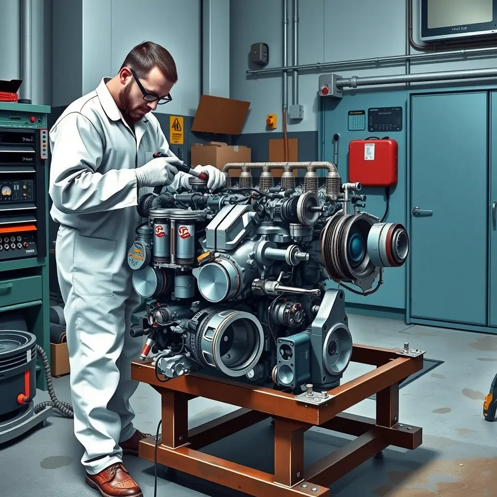 A detailed, high-resolution illustration of a mechanic performing a complete overhaul of an Iveco Massif 3.0 diesel engine (176 hp) in a clean workshop. The engine is partially disassembled, showing pistons, crankshaft, fuel injectors, and other components spread on a sturdy workbench. The mechanic, wearing a white coverall, safety glasses, and gloves, is using professional tools such as a torque wrench and diagnostic equipment. The scene emphasizes the precision and complexity of the engine repair, with realistic lighting and a focus on metallic textures and oil stains on the floor.