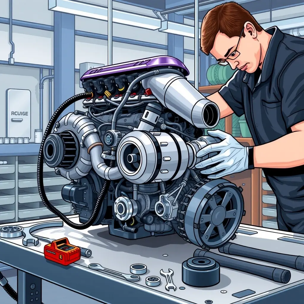 A realistic, high-detail illustration of a mechanic repairing a Lincoln Nautilus 2019-2020 2.7 L V6 turbo engine in a garage. The engine block, turbocharger, and surrounding components are clearly visible, with professional tools such as wrenches, sockets, and diagnostic equipment on a clean workbench. The scene is lit with bright, natural garage lighting, showing metallic textures, oil stains, and a focused atmosphere of expert automotive repair.